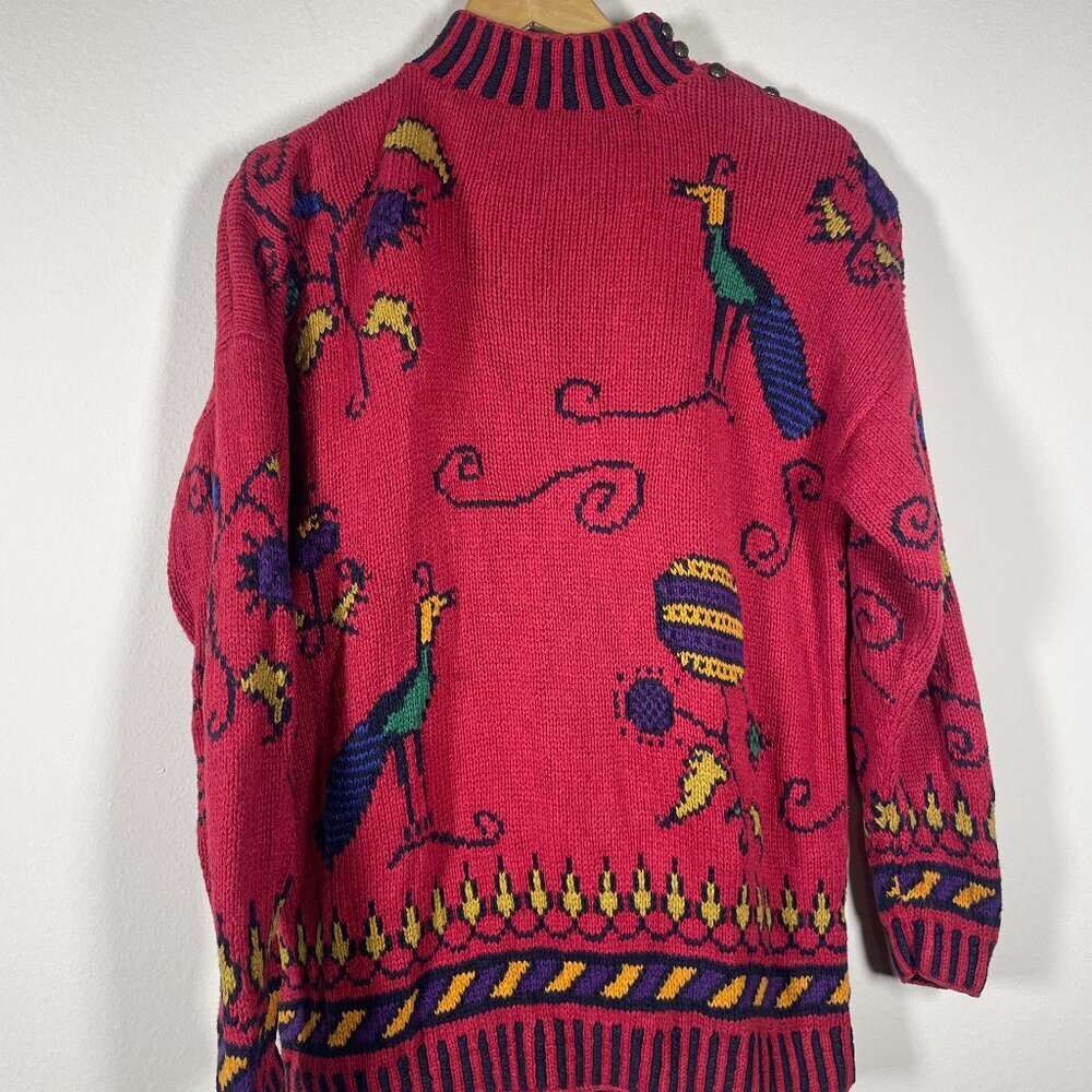 Vintage Hand Knitted Red Bird Print Mackinaw Sweater Linen Blend High Neck M/L! - Picture 1 of 5